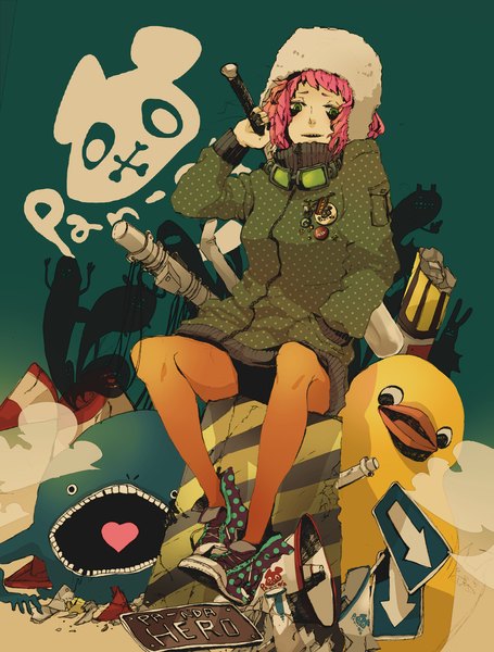 Anime picture 1500x1976 with vocaloid gumi tall image looking at viewer short hair smile green eyes pink hair hand in pocket alternate color girl weapon pantyhose sword toy goggles
