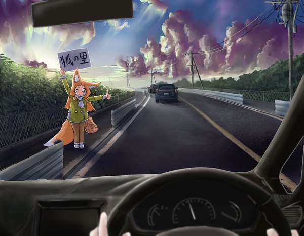 Anime picture 3720x2894 with original doitsuken long hair looking at viewer highres standing animal ears absurdres sky cloud (clouds) full body tail animal tail orange hair inscription orange eyes fox ears tears fox tail fox girl