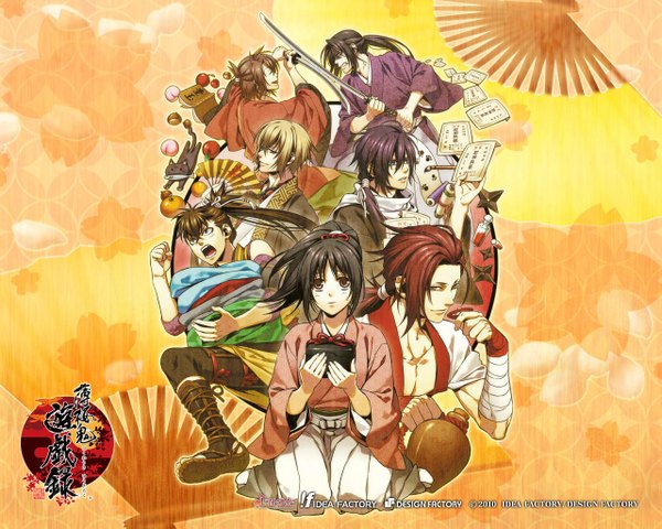 Anime picture 1280x1024 with hakuouki shinsengumi kitan studio deen tagme (character) okita souji (hakuouki) chizuru yukimura sanosuke harada toudou heisuke black hair blonde hair brown hair ponytail red hair japanese clothes group weapon animal sword katana cat bandage (bandages)