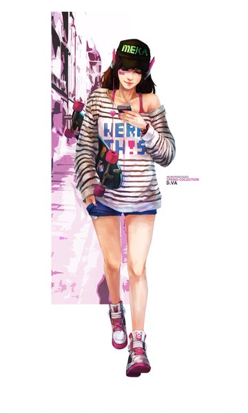 Anime picture 2108x3508 with overwatch blizzard entertainment d.va (overwatch) monori rogue single long hair tall image highres short hair brown hair holding signed full body outdoors eyes closed nail polish off shoulder bare legs character names lipstick