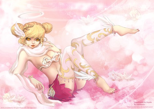 Anime picture 1179x834 with original jinkimania (artist) single breasts light erotic blonde hair yellow eyes cloud (clouds) nail polish barefoot lips legs head wings girl flower (flowers) wings scarf halo