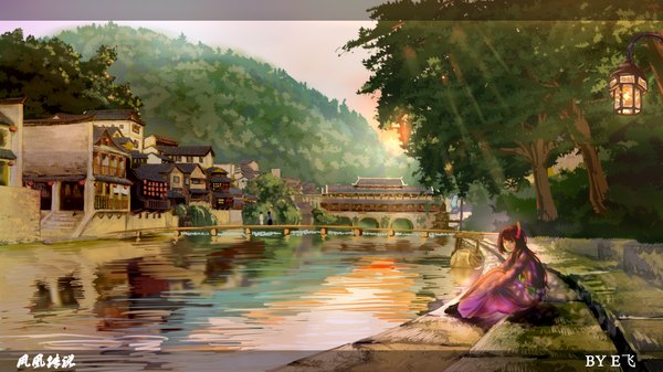 Anime picture 1920x1080 with original lucario763 long hair looking at viewer highres brown hair wide image sitting multiple girls signed traditional clothes japanese clothes sunlight wallpaper reflection letterboxed silhouette nature leg hug architecture