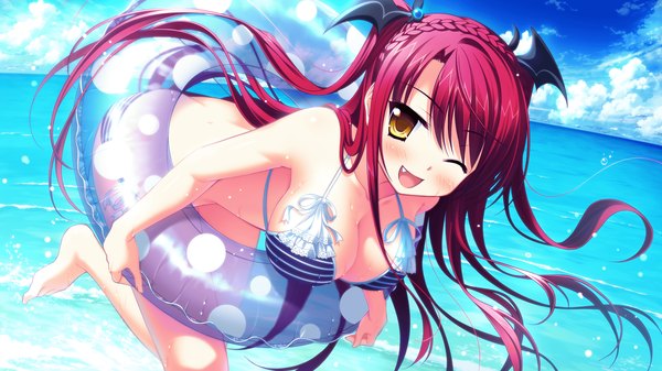 Anime picture 2560x1440 with magical marriage lunatics!! luce yami asutarite yamakaze ran long hair blush highres breasts open mouth light erotic wide image yellow eyes game cg red hair braid (braids) one eye closed wink teeth fang (fangs) crown braid girl