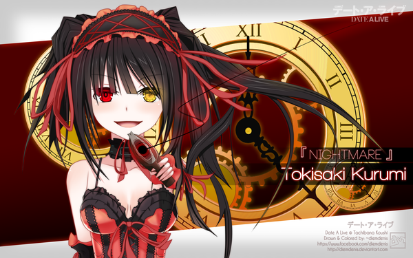 Anime picture 4000x2500 with date a live tokisaki kurumi diemdenis single long hair blush highres open mouth black hair wide image absurdres inscription heterochromia coloring uneven twintails girl dress weapon detached sleeves frills