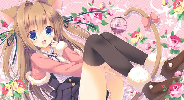 Anime picture 1100x600 with original mitsu king single long hair blush open mouth blue eyes brown hair wide image animal ears tail animal tail cat ears cat girl cat tail girl thighhighs dress flower (flowers) black thighhighs