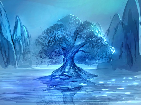 Anime picture 2048x1536 with original mianlezhimie highres light reflection blue background mountain no people nature plant (plants) tree (trees) water