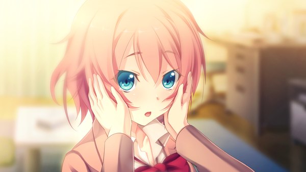 Anime picture 1280x720 with innocent bullet kanzaki sayaka (innocent bullet) single blush short hair open mouth blue eyes wide image pink hair game cg girl