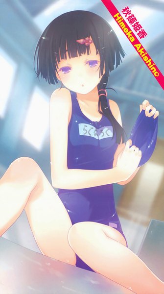 Anime picture 1200x2147 with ore no kanojo to osananajimi ga shuraba sugiru a-1 pictures akishino himeka ruroo single long hair tall image looking at viewer blush fringe light erotic black hair sitting scan :o character names girl hair ornament swimsuit hairclip