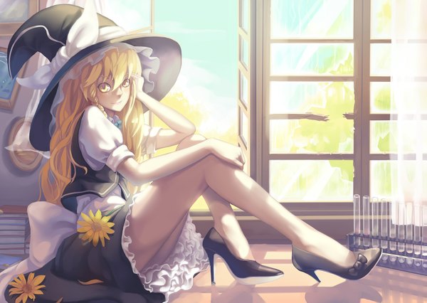 Anime picture 1511x1074 with touhou kirisame marisa madyy single long hair looking at viewer blonde hair yellow eyes legs girl dress flower (flowers) wings witch hat