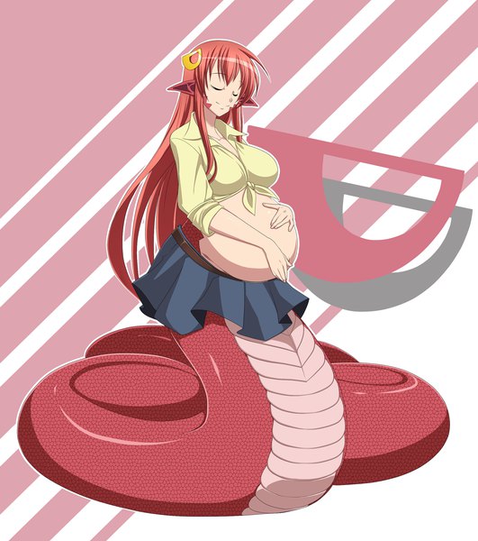 Anime picture 2125x2400 with monster musume no iru nichijou miia (monster musume) saburox single long hair tall image highres breasts light erotic large breasts red hair eyes closed very long hair pleated skirt light smile pointy ears front-tie top monster girl pregnant lamia
