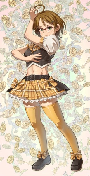 Anime picture 720x1400 with idolmaster idolmaster cinderella girls tsuchiya ako chiaki rakutarou single tall image looking at viewer short hair smile brown hair brown eyes ahoge midriff girl thighhighs dress skirt navel bow glasses