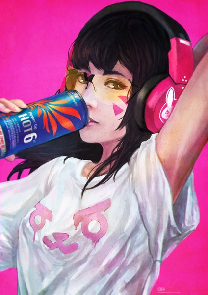 Anime picture 2480x3508 with overwatch blizzard entertainment d.va (overwatch) monori rogue single long hair tall image looking at viewer fringe highres black hair simple background holding brown eyes arm up lips realistic facial mark pink background whisker markings