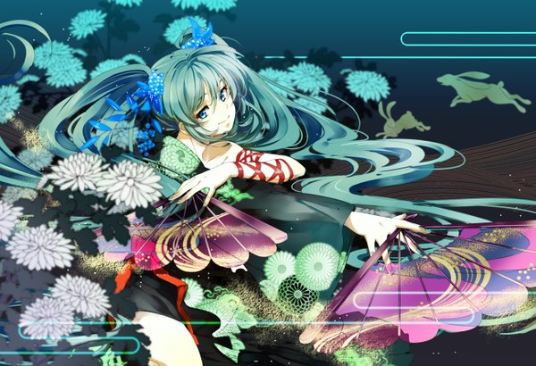 Anime picture 1299x888 with vocaloid hatsune miku 84k (artist) single blue eyes smile twintails very long hair nail polish japanese clothes aqua hair girl flower (flowers) bow ribbon (ribbons) kimono fan bunny