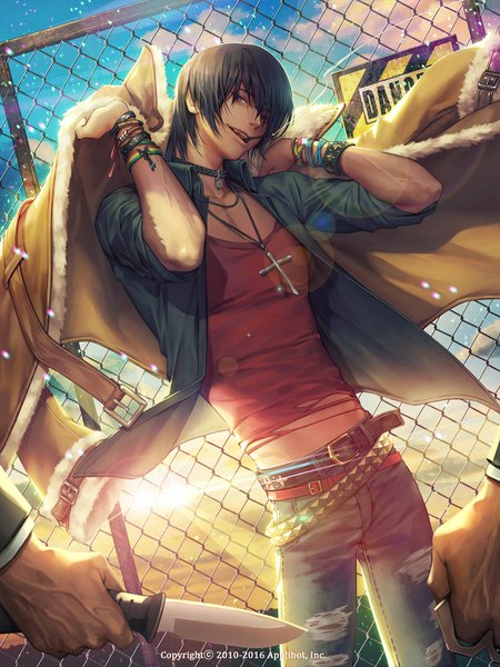 Anime picture 1500x2000 with furyou michi ~gang road~ soo kyung oh tall image looking at viewer fringe short hair open mouth smile brown hair holding sky lips sunlight fur trim torn clothes mouth hold evening sunset smoke horizon
