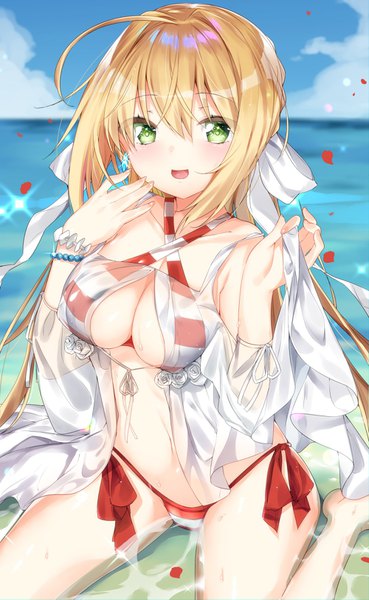 Anime picture 1000x1625 with fate (series) fate/grand order nero claudius (fate) (all) nero claudius (swimsuit caster) (fate) kamioka shun'ya single long hair tall image looking at viewer fringe breasts open mouth light erotic blonde hair hair between eyes large breasts sitting green eyes ahoge :d