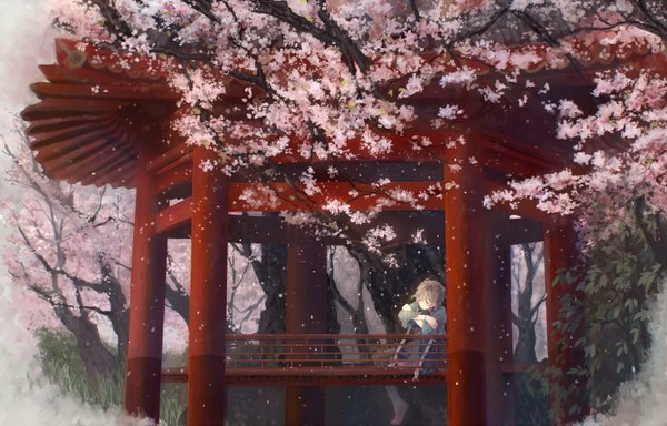 Anime picture 1300x833 with vocaloid vocaloid china luo tianyi bou shaku single long hair blush fringe outdoors braid (braids) eyes closed head tilt twin braids cherry blossoms crossed arms sleeping girl plant (plants) petals tree (trees)