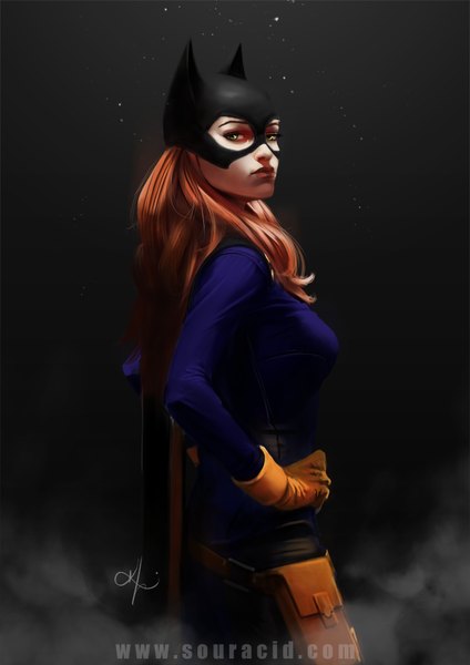 Anime picture 666x942 with batman dc comics batgirl souracid (artist) single long hair tall image looking at viewer breasts simple background brown hair standing green eyes signed animal ears lips cat ears realistic watermark black background