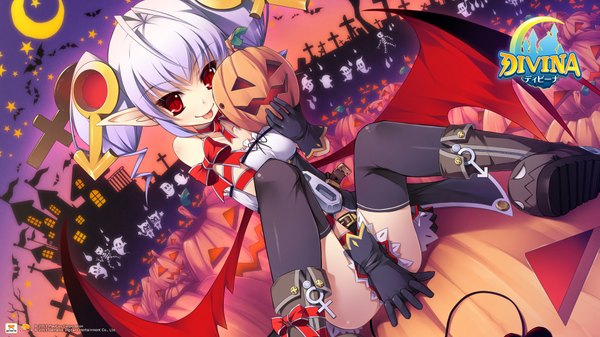 Anime picture 1920x1080 with divina long hair highres red eyes wide image twintails white hair pointy ears :p crescent girl thighhighs gloves black thighhighs wings boots star (symbol) moon vegetables pumpkin