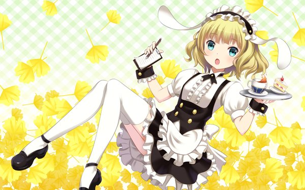 Anime picture 1920x1200 with gochuumon wa usagi desu ka? white fox kirima sharo youbou single looking at viewer blush highres short hair blue eyes blonde hair maid girl thighhighs dress white thighhighs headdress sweets maid headdress leaf (leaves)