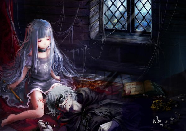Anime picture 1191x842 with sound horizon elysion elice (sound horizon) abyss ginger-j long hair short hair red eyes sitting silver hair lying barefoot on back loli blood on face death girl dress boy gloves