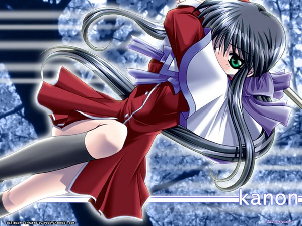 Anime picture 1024x768 with kanon key (studio) kawasumi mai mistresspookychan single looking at viewer black hair green eyes signed long sleeves low ponytail third-party edit girl dress socks black socks knee socks red dress mantle