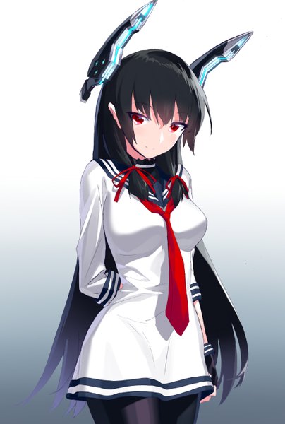 Anime picture 943x1400 with kantai collection isokaze destroyer blew andwhite single long hair tall image looking at viewer breasts black hair smile red eyes standing light smile midriff gradient background cosplay arm behind back tress ribbon murakumo destroyer (cosplay) girl