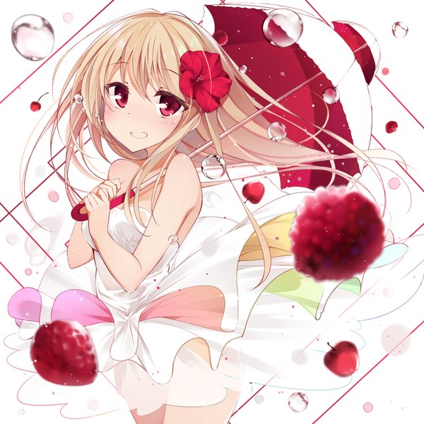 Anime picture 1000x1000 with original netarou single long hair looking at viewer blush fringe open mouth simple background blonde hair hair between eyes red eyes white background bare shoulders holding hair flower wind sleeveless girl dress