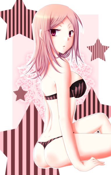 Anime picture 1000x1572 with pandora hearts xebec charlotte (pandora hearts) miki souya single tall image short hair open mouth light erotic simple background red eyes pink hair ass arm support :o underwear only turning head girl underwear panties