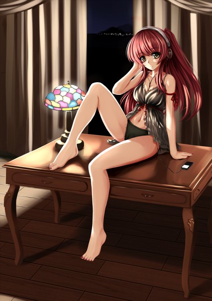 Anime picture 1413x2000 with to heart 2 leaf (studio) kousaka tamaki yumemi (kiowa) long hair tall image light erotic yellow eyes red hair barefoot legs girl underwear panties headphones digital media player