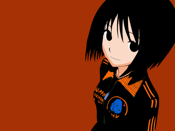 Anime picture 1600x1200 with nhk ni youkoso gonzo nakahara misaki single looking at viewer short hair black hair smile red background clothes writing orange background polychromatic girl