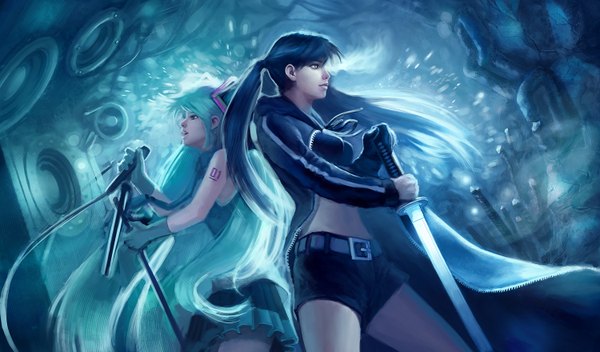 Anime picture 1500x881 with black rock shooter vocaloid hatsune miku black rock shooter (character) butjok long hair open mouth black hair wide image twintails multiple girls realistic aqua hair tattoo glowing glowing eye (eyes) back to back crossover girl skirt