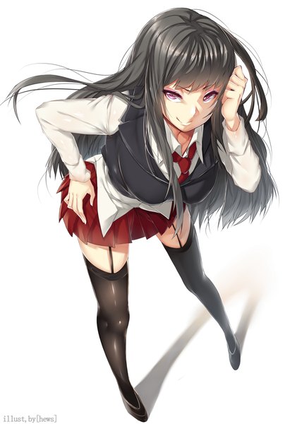 Anime picture 875x1300 with original hews single long hair tall image black hair simple background smile white background purple eyes shadow zettai ryouiki girl thighhighs skirt black thighhighs