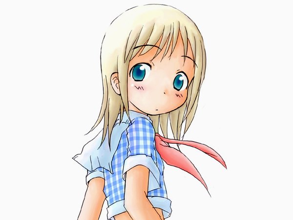 Anime picture 1600x1200 with ichigo mashimaro ana coppola single long hair looking at viewer blue eyes blonde hair white background looking back girl shirt