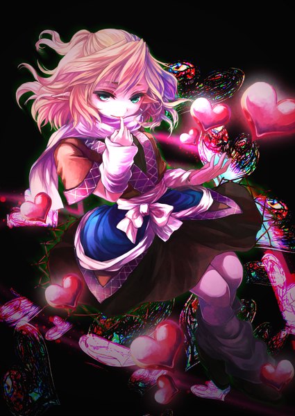 Anime picture 1000x1412 with touhou mizuhashi parsee awa toka single tall image looking at viewer short hair simple background blonde hair smile green eyes pointy ears finger to mouth black background girl detached sleeves heart scarf