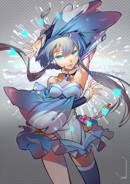 Anime picture 1500x2122 with vocaloid vocaloid china luo tianyi kisekiguiji single long hair tall image breasts twintails bare shoulders looking away aqua eyes lips glowing girl thighhighs dress skirt detached sleeves microphone