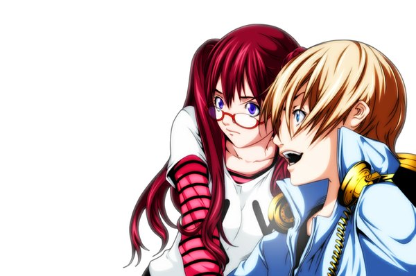 Anime picture 1024x680 with air gear toei animation noyamano ringo mikura kazuma latherqueen (kim-chee) long hair short hair open mouth blue eyes blonde hair white background purple eyes twintails red hair profile coloring girl boy shirt glasses