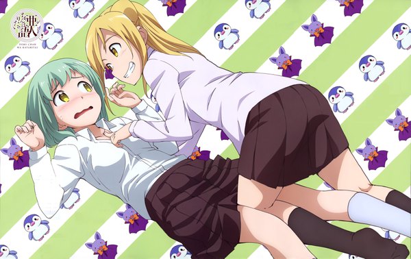 Anime picture 3245x2049 with demi-chan wa kataritai a-1 pictures takanashi hikari kusakabe yuki (demi-chan wa kataritai) kawakami tetsuya long hair highres short hair light erotic blonde hair multiple girls yellow eyes looking away absurdres lying pleated skirt arm up scan aqua hair official art