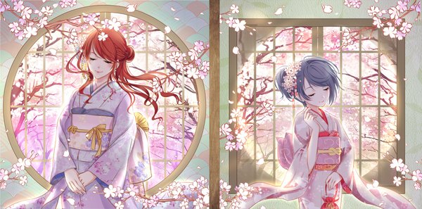 Anime picture 2016x1000 with original syrinxwell311 long hair highres short hair black hair wide image multiple girls red hair eyes closed traditional clothes japanese clothes cherry blossoms girl flower (flowers) 2 girls plant (plants) petals tree (trees) kimono