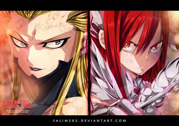 Anime picture 1000x705 with fairy tail erza scarlet kyouka (fairy tail) salim202 long hair blonde hair red eyes red hair lips inscription grey eyes lipstick coloring glowing glowing eye (eyes) multiview manga aura girl weapon