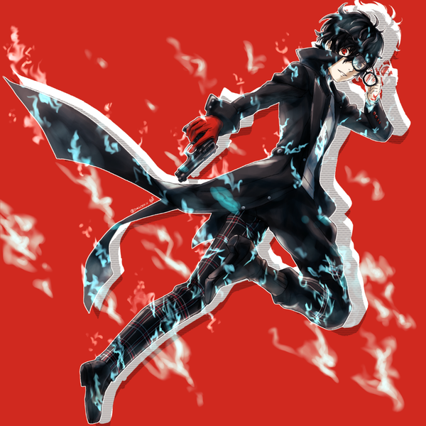 Anime picture 1199x1200 with persona 5 persona amamiya ren kawasemi sumika single tall image looking at viewer fringe short hair black hair simple background hair between eyes red eyes full body glowing red background eyewear removed boy gloves weapon