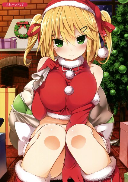 Anime picture 2402x3402 with melonbooks greatmosu single tall image looking at viewer blush highres short hair breasts light erotic blonde hair smile large breasts twintails bare shoulders green eyes light smile scan fur trim christmas