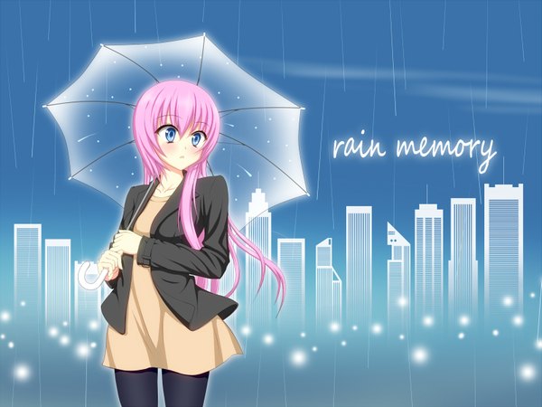 Anime picture 1599x1200 with original oshou (artist) single long hair blush blue eyes looking away pink hair rain transparent umbrella girl dress umbrella