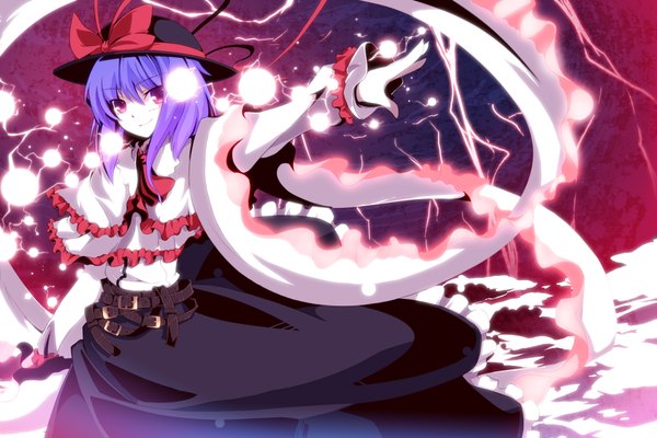 Anime picture 1800x1200 with touhou nagae iku highres smile purple eyes purple hair girl bow hat belt