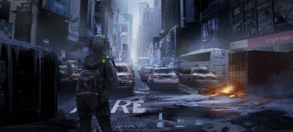 Anime picture 1900x861 with the division renatus z single highres short hair wide image standing twintails outdoors pleated skirt grey hair inscription back city short twintails cityscape ruins street girl skirt