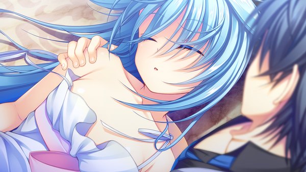 Anime picture 1280x720 with re:birth colony azurite asami asami long hair wide image blue hair game cg eyes closed girl sundress