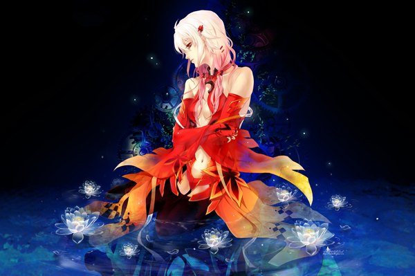 Anime picture 2100x1397 with guilty crown production i.g yuzuriha inori stells single long hair highres red eyes bare shoulders pink hair center opening girl thighhighs navel flower (flowers) black thighhighs water bodysuit gears