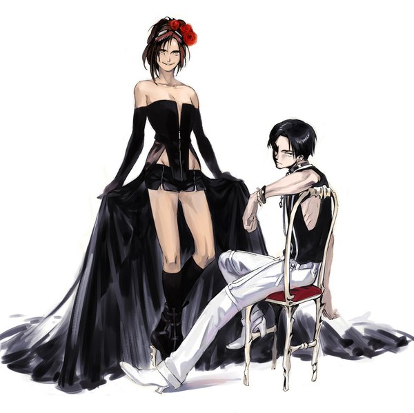 Anime picture 1000x999 with shingeki no kyojin production i.g levi (rivaille) hange zoe mtfy short hair black hair simple background smile brown hair standing white background sitting bare shoulders yellow eyes hair flower black eyes alternate costume girl boy