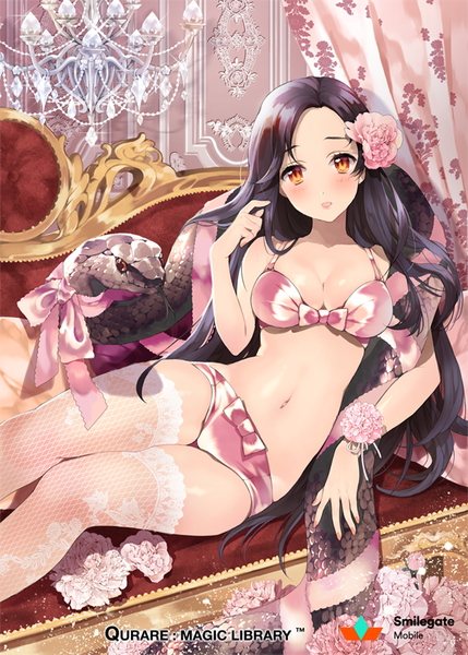 Anime picture 600x838 with qurare: magic library baeksojeong ice (ice aptx) single long hair tall image looking at viewer blush breasts light erotic black hair orange eyes girl thighhighs underwear panties bow animal lingerie bra