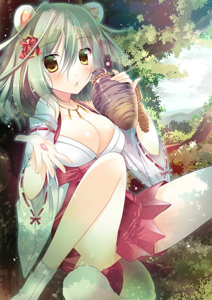 Anime picture 710x1002 with original hanpen (hannpenn2) single tall image looking at viewer blush fringe short hair breasts light erotic large breasts sitting holding green eyes animal ears cleavage tail traditional clothes animal tail pleated skirt