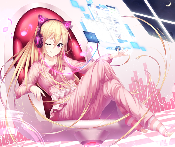 Anime picture 1018x855 with original axent wear headphones kyouou ena single looking at viewer blush fringe blonde hair smile hair between eyes sitting animal ears full body bent knee (knees) very long hair one eye closed pink eyes cat ears night night sky